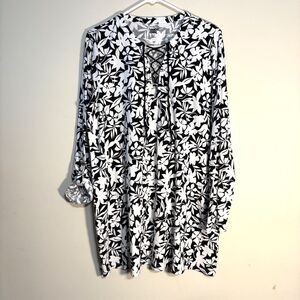 Lands End Women Shift dress Black Havana Print Medium V neck Pockets 100% Cotton